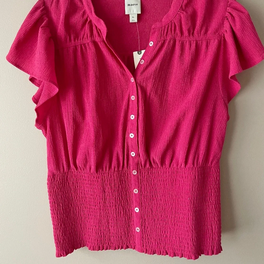 NWT Anthropologie x Maeve short-sleeve v-neck fitted waist top in hot pink XL - Picture 2 of 6